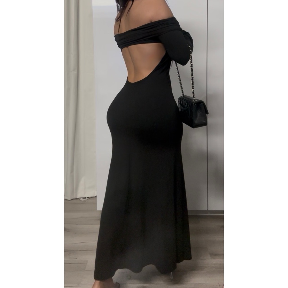 Sexy black off shoulder backless long-sleeve dress
